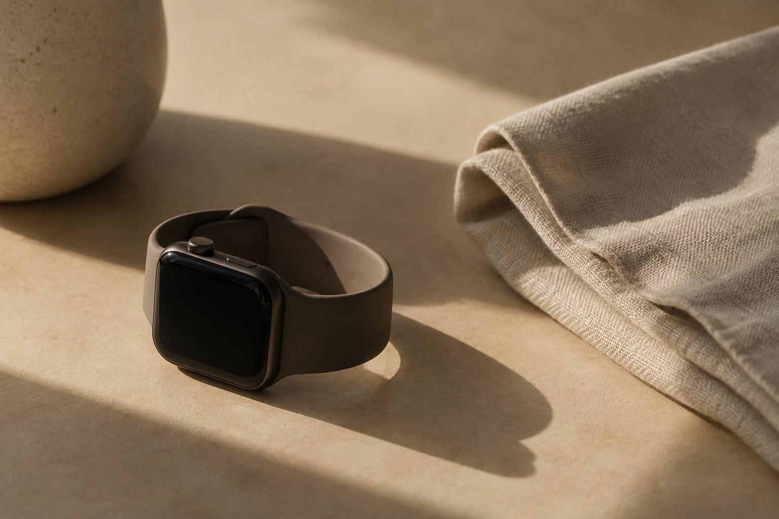 Smartwatch and folded linen on a warm surface