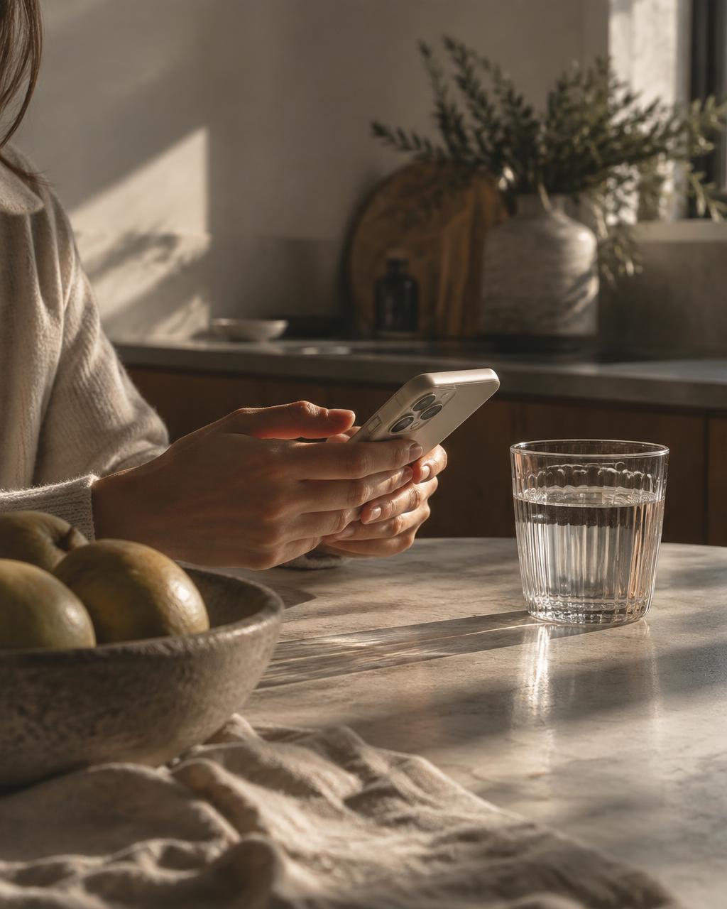 Person holding a phone at a sunlit kitchen table
